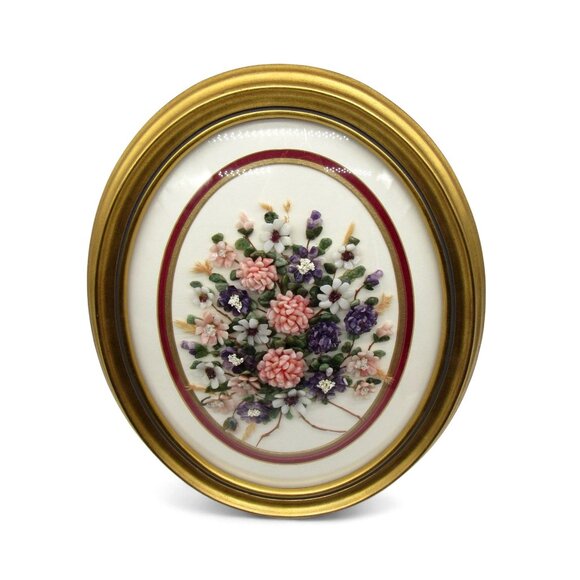 GEMSTONE BOUQUET Artwork Gold Oval Convex Frame 3D Floral 16 Inches Vintage - Picture 2 of 12